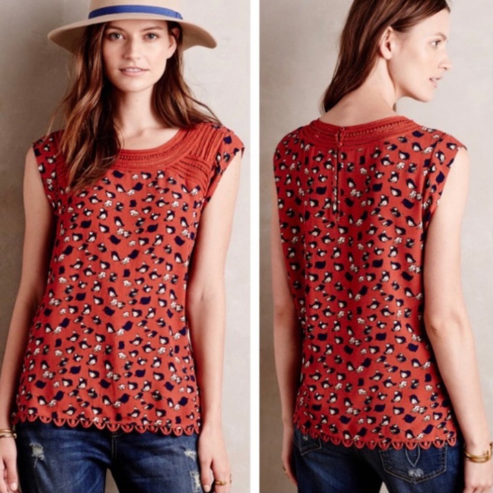 Anthropologie Meadow Rue Sanna Bird Print Blouse in Rust